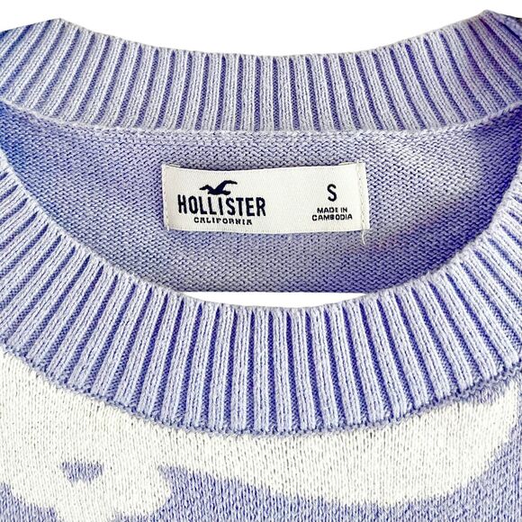 Hollister Purple Cropped Pullover S Groovy Hippie Sweater White Floral Waves - Picture 3 of 8